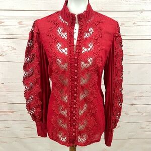 Boston Proper Red Guipure Lace Inset Victorian Puffy Drama Sleeve Blouse